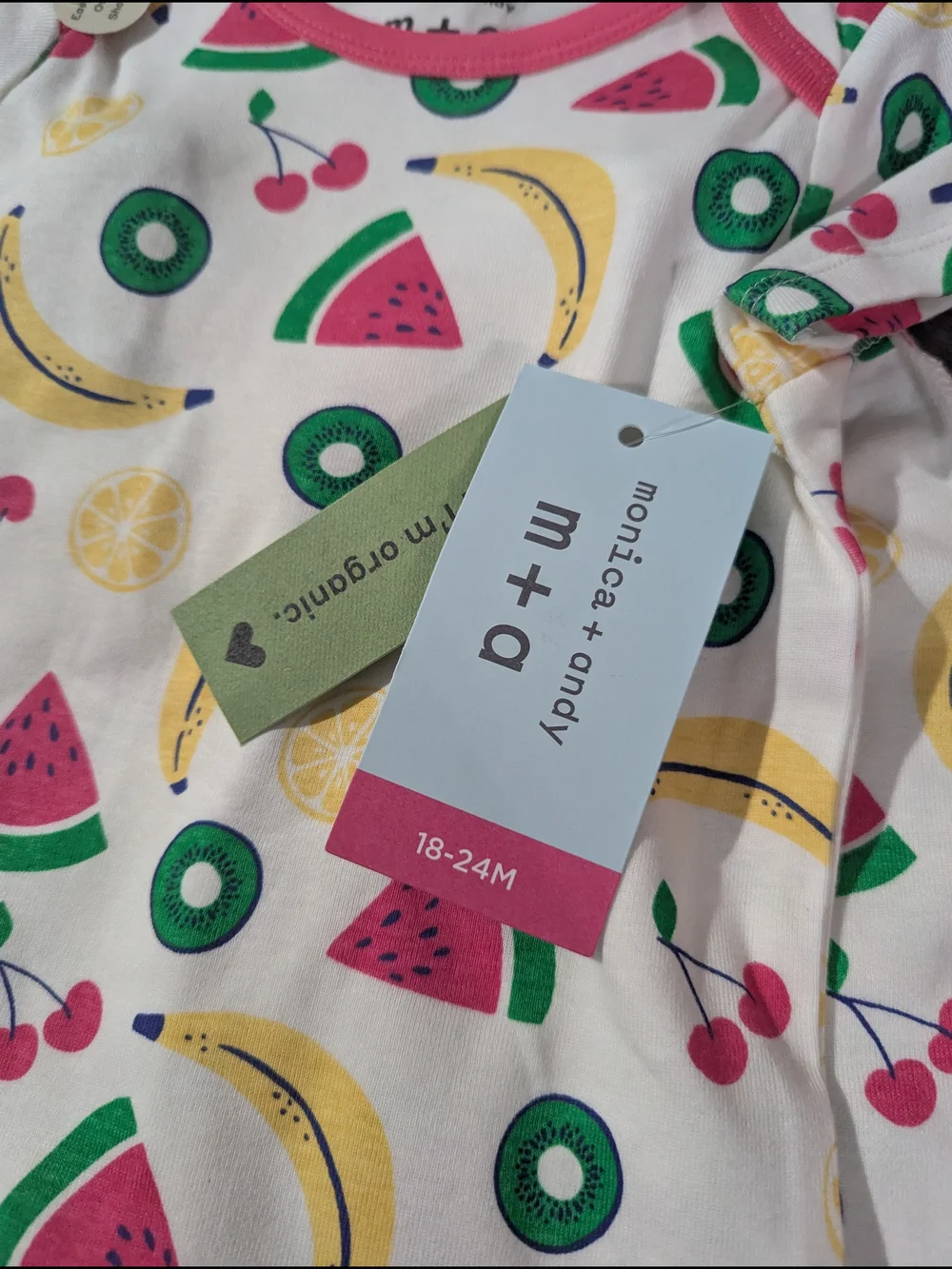 M+O GOTS Certified Organic Cotton Kids Fruit Print Pink-Trim Onesie And Pant Set